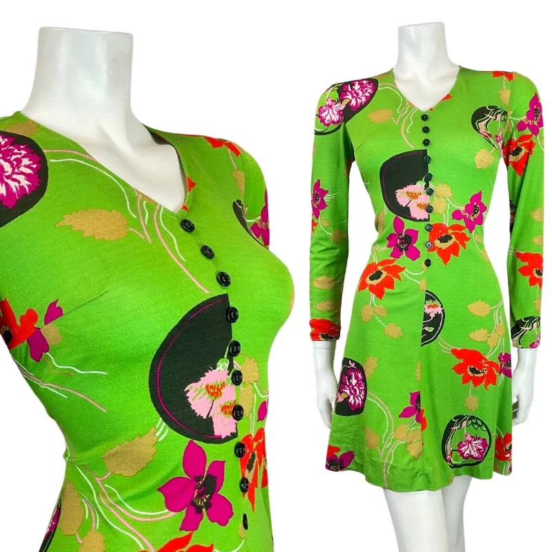 VINTAGE 60s 70s GREEN RED BLACK FLORAL BUTTON-UP SKATER SWING DRESS 8 10