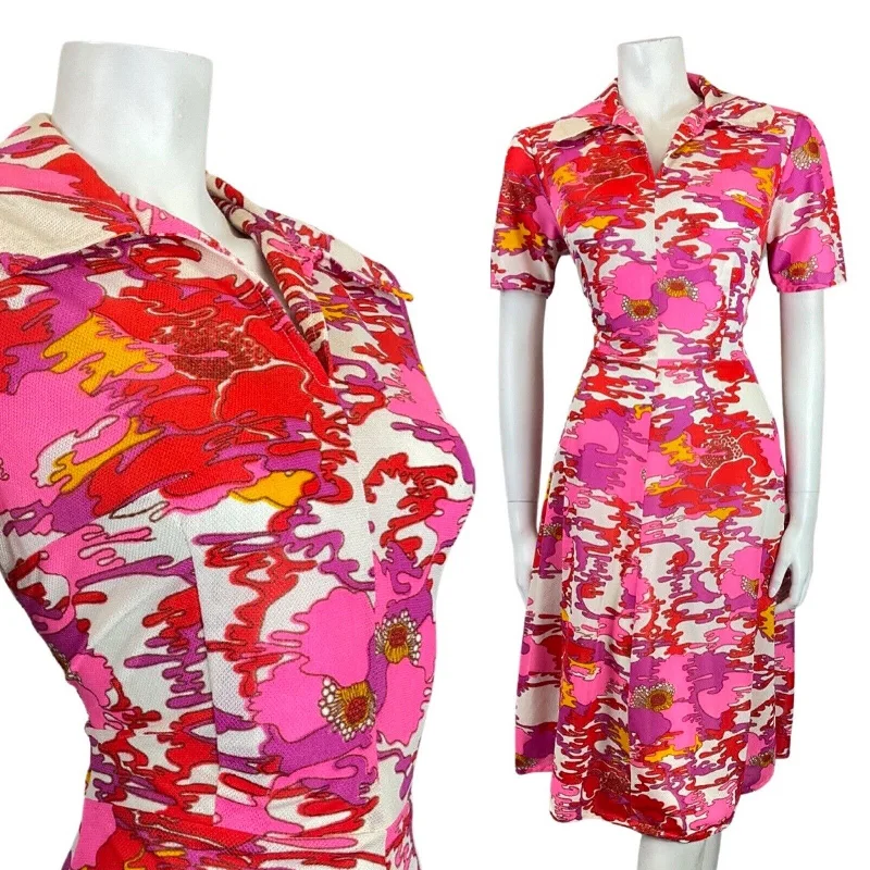 VINTAGE 60s 70s PINK RED PURPLE PSYCHEDELIC FLORAL MOD DAGGER SHIRT DRESS 10 12