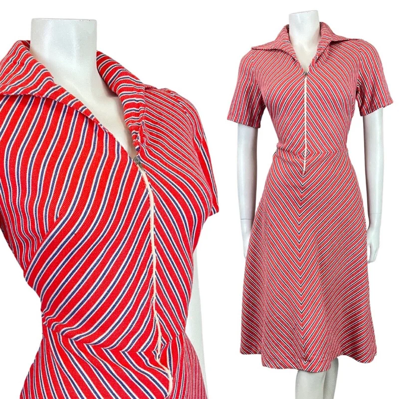 VINTAGE 60s 70s RED WHITE BLUE STRIPED ZIP-UP WING COLLAR SWING DRESS 10 12