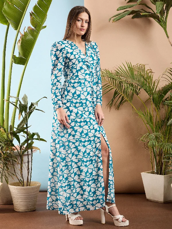 Women Blue Floral Front Twisted Maxi Dress