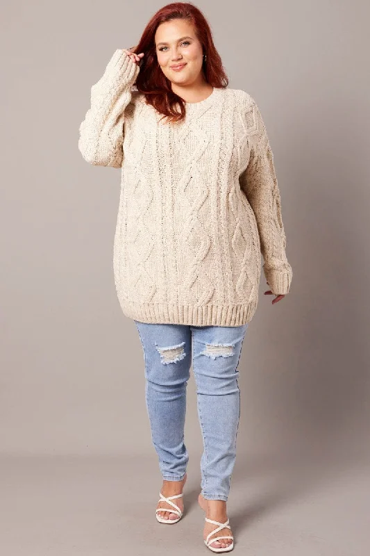 Beige Cable Knit Jumper Round Neck Long Sleeve