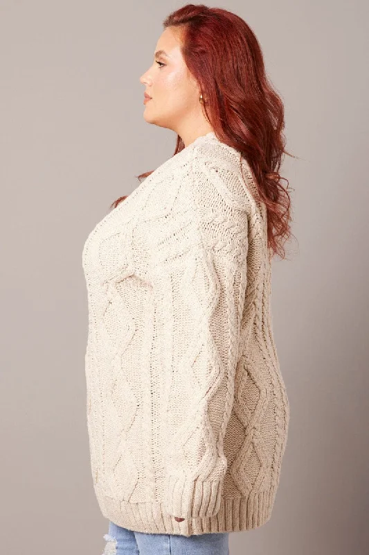 Beige Cable Knit Jumper Round Neck Long Sleeve