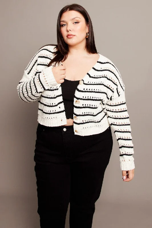 Beige Stripe Crochet Knit Cardigan V-neck