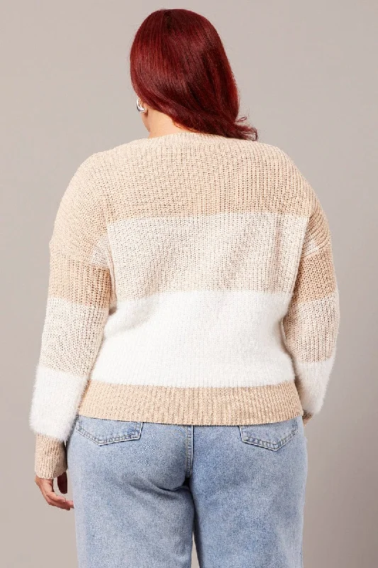 Beige Stripe Knit Jumper Long Sleeve Round Neck Oversized