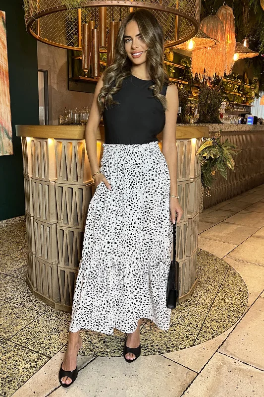 Black And White Animal Print Shirred Waist Maxi Skirt