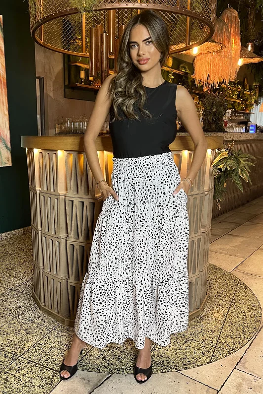 Black And White Animal Print Shirred Waist Maxi Skirt