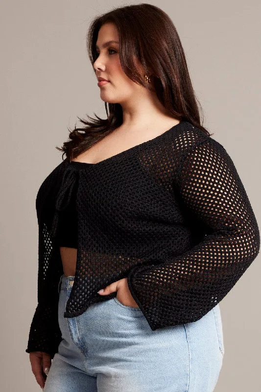 Black Crochet Cardigan Long Sleeve V-neck Tie Up