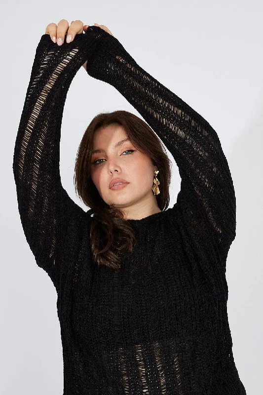 Black Fishnet Knit Top Long Sleeve Crew Neck