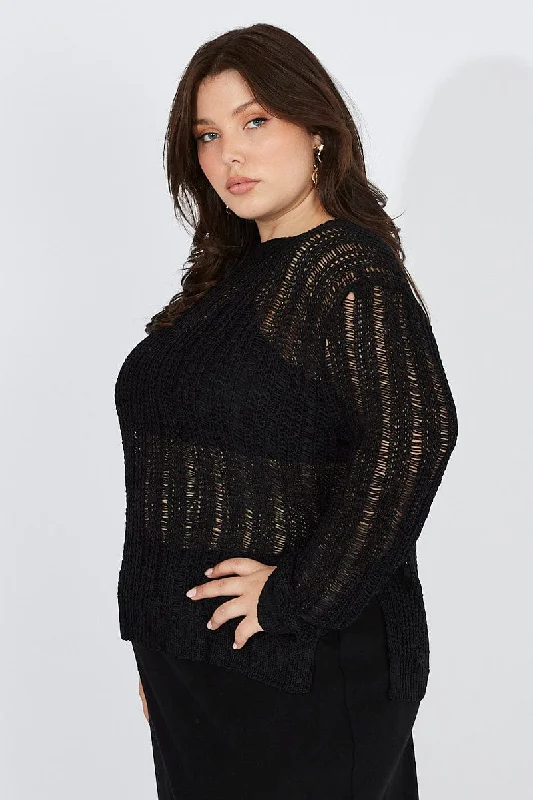 Black Fishnet Knit Top Long Sleeve Crew Neck