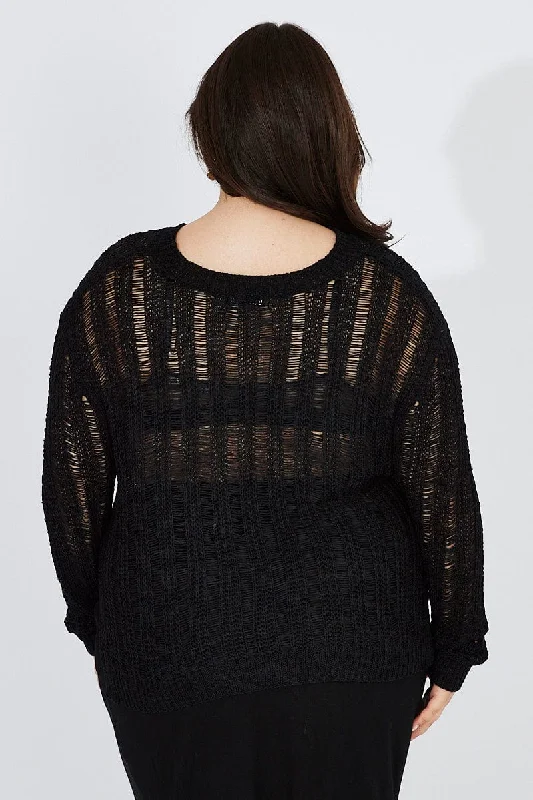 Black Fishnet Knit Top Long Sleeve Crew Neck