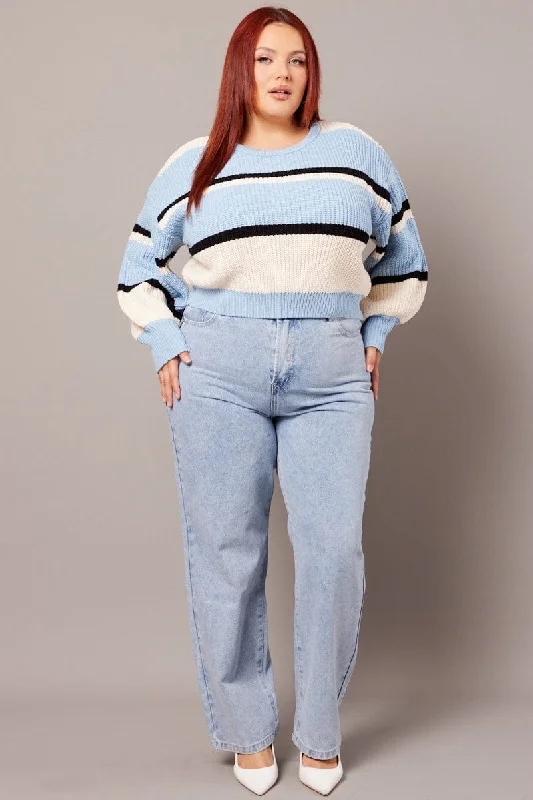 Blue Stripe Knit Jumper Long Sleeve Round Neck