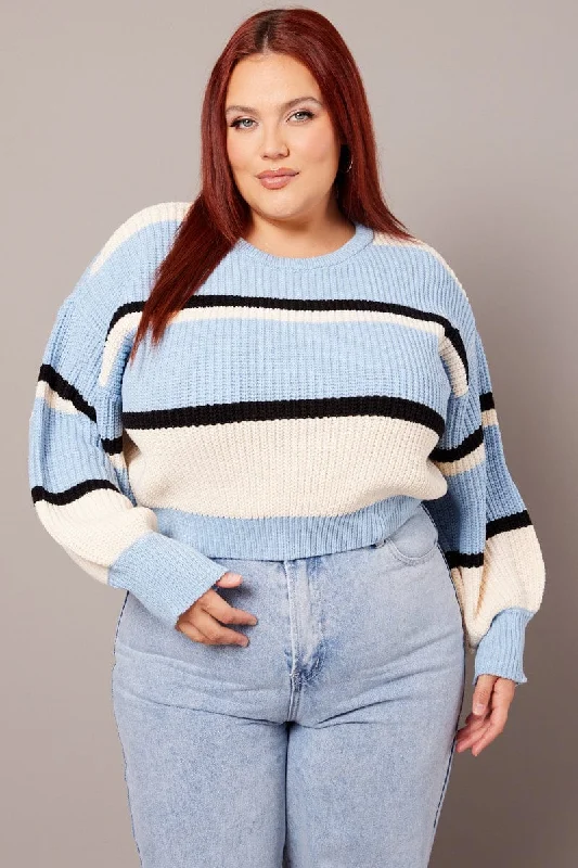 Blue Stripe Knit Jumper Long Sleeve Round Neck