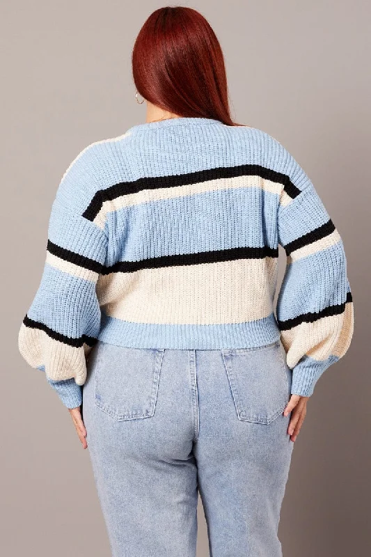 Blue Stripe Knit Jumper Long Sleeve Round Neck