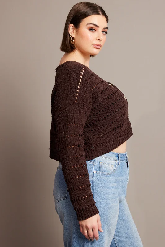 Brown Crochet Knit Cardigan V-neck