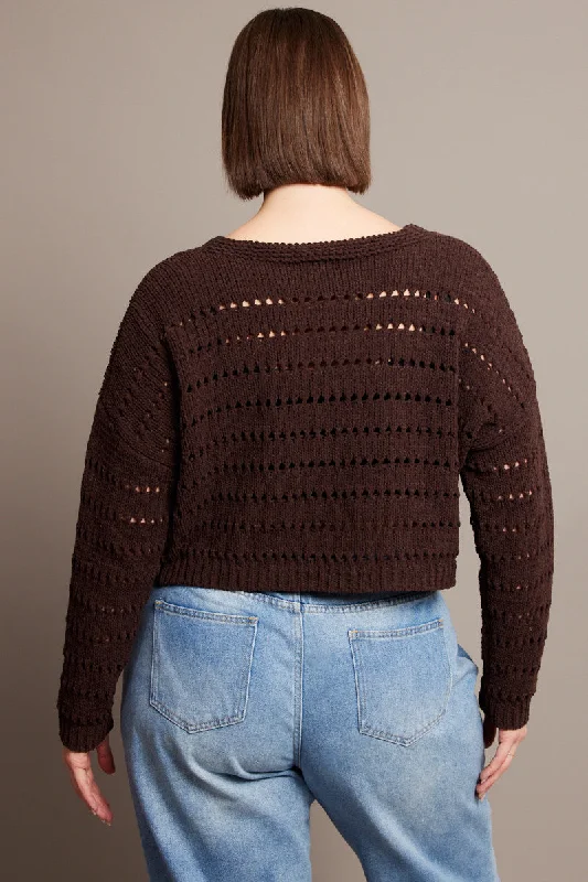 Brown Crochet Knit Cardigan V-neck