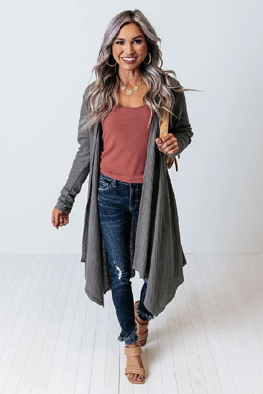 Coolest Feeling Waffle Knit Cardigan In Dark Grey