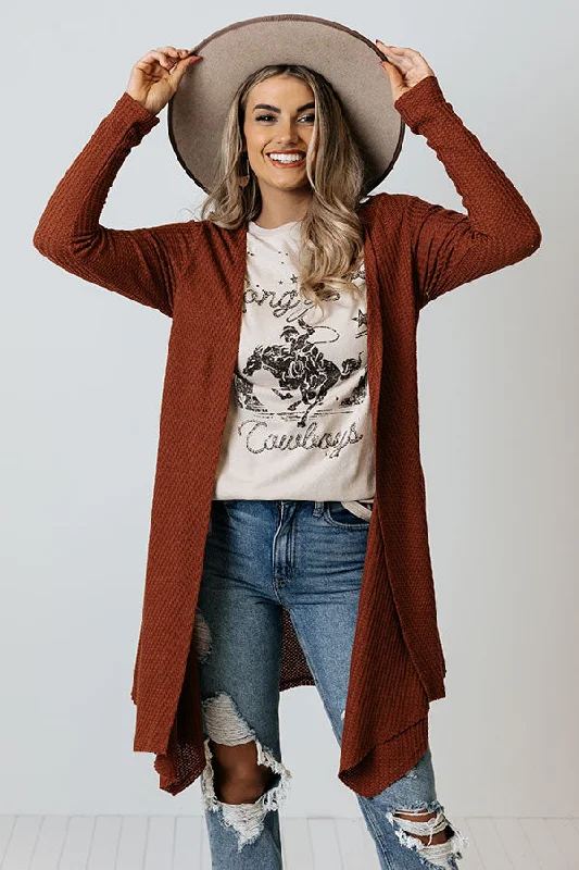 Coolest Feeling Waffle Knit Cardigan In Rust