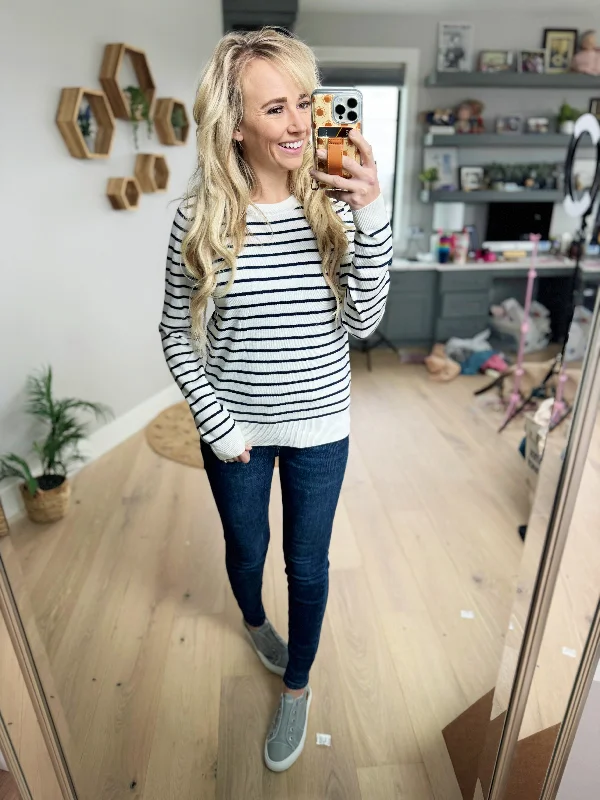 Meet Me There Crew Neck Striped Sweater in Navy and Ivory