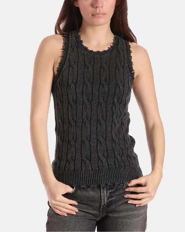 COTTON STONE WASH DISTRESSED CABLE TANK IN BLACK