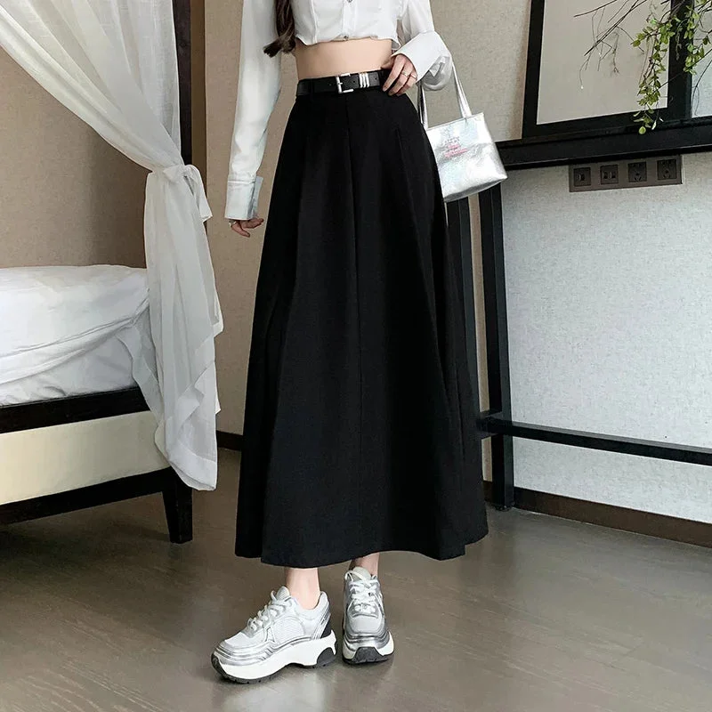 FashionSierra - 2024 Spring Summer New High Waist A-line Pleated Long Korean Office Lady Fashion Midi Woman Casual Suit Skirt