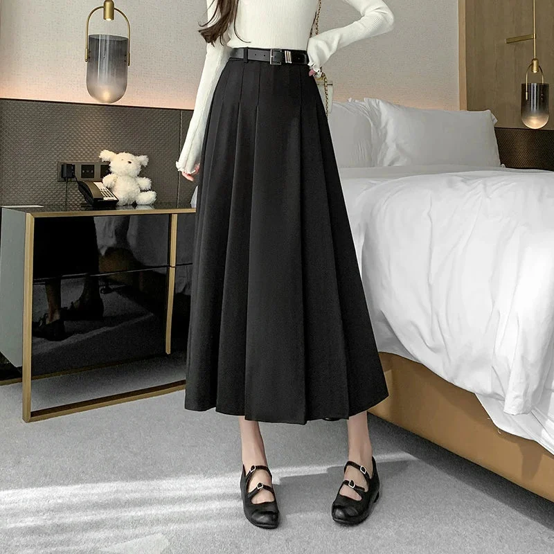 FashionSierra - Midi Women 2024 Spring Summer High Waist A-line Pleated Korean Casual Long Suit Ladies Fashion Umbrella Skirt