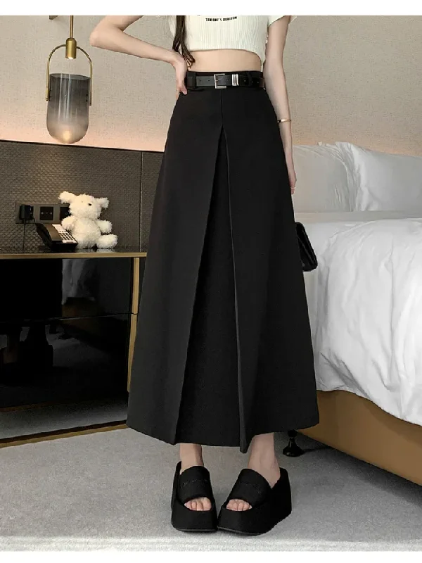 FashionSierra - 2024 Spring Summer New Women Long Fashion High Waist A-line Pleated Korean Ladies Casual Suit Skirt