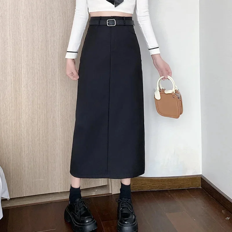 FashionSierra - Suit Women 2024 Autumn New Fashion High Waist A-line Long Woman Casual Midi With Belt Skirt