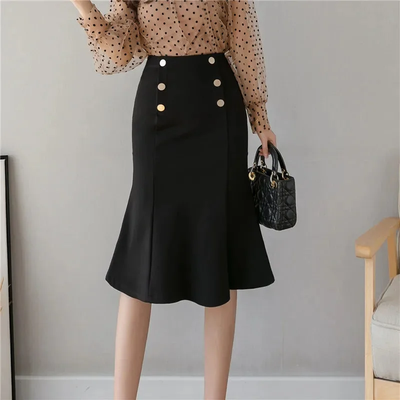 FashionSierra - Midi 2024 New Fashion Double Breasted High Waist Package Hip Office Lady Ruffles Vintage Black/Red Skirt