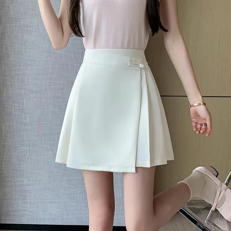 FashionSierra - New Chinese Style Women High Waist Pleated Spring Summer Vintage A-line Short Ladies Casual Mini Skirt