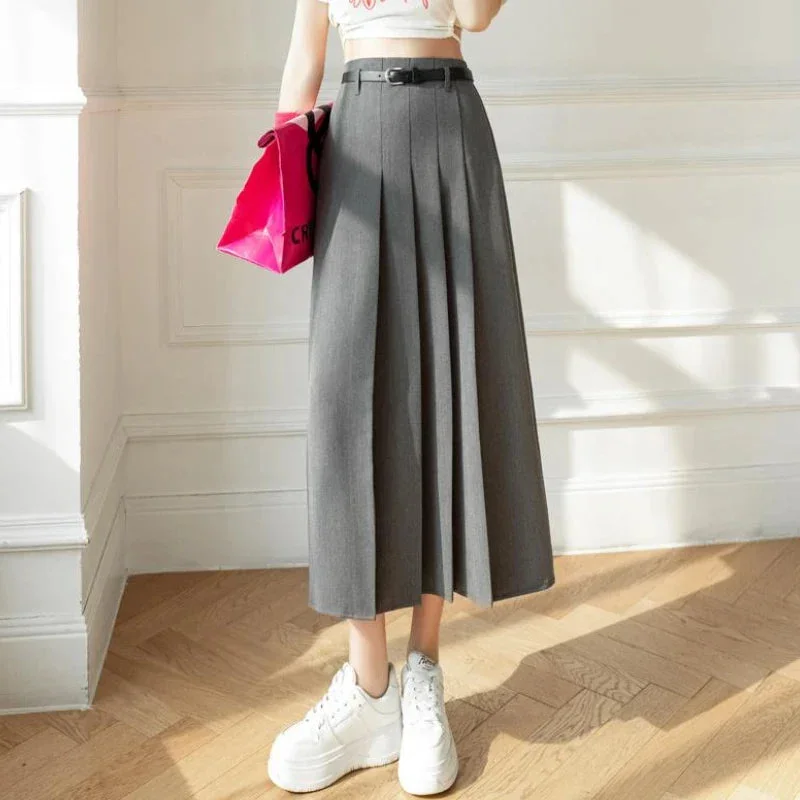 FashionSierra - Fashion High Waist A-line Pleated Women Long Office Lady Elegant Suit 2024 New Spring Summer Midi Skirt