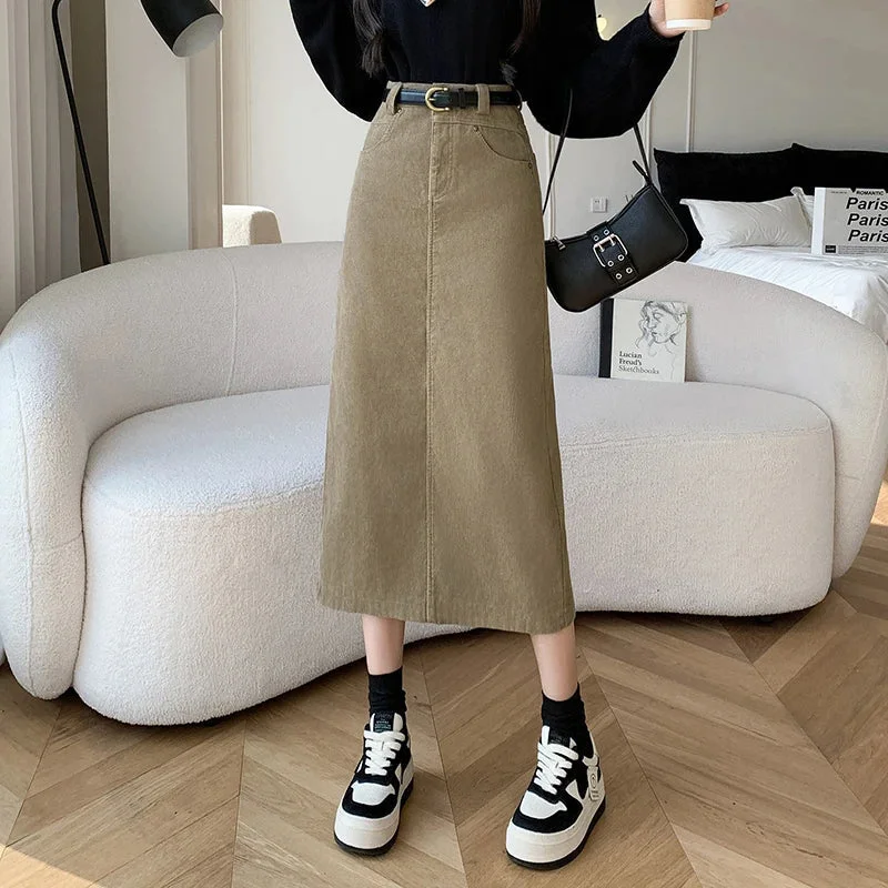 FashionSierra - Women 2024 New Autumn Winter Fashion High Waist Straight Ladies Retro Casual Mid-length Skirt