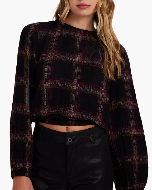 ELASTIC SHIRRED TOP IN AUTUMN SUNSET PLAID