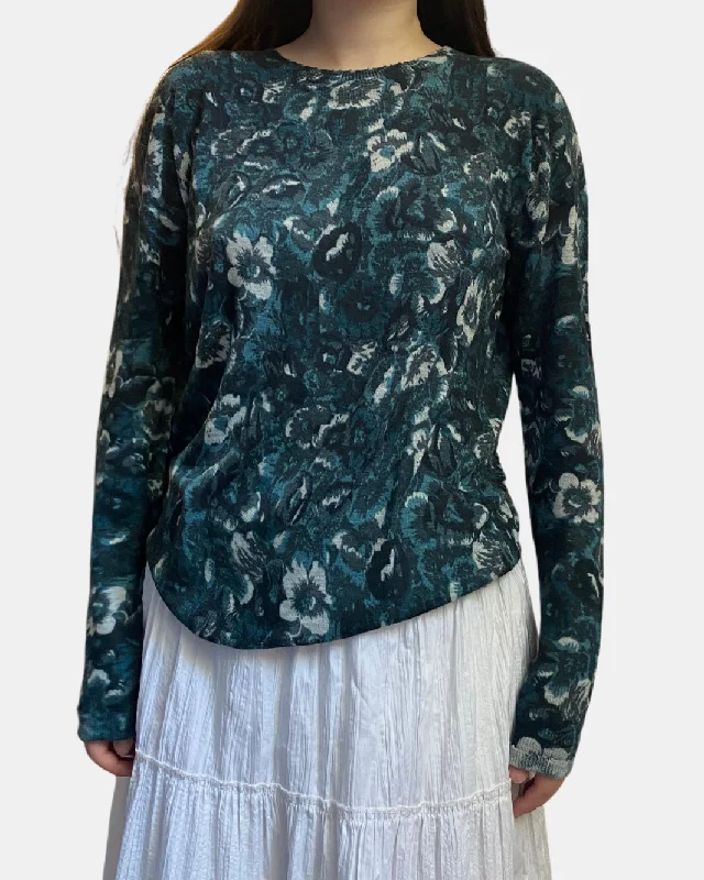 FLORAL SHEER DISTRESSED CREW IN MALACHITE