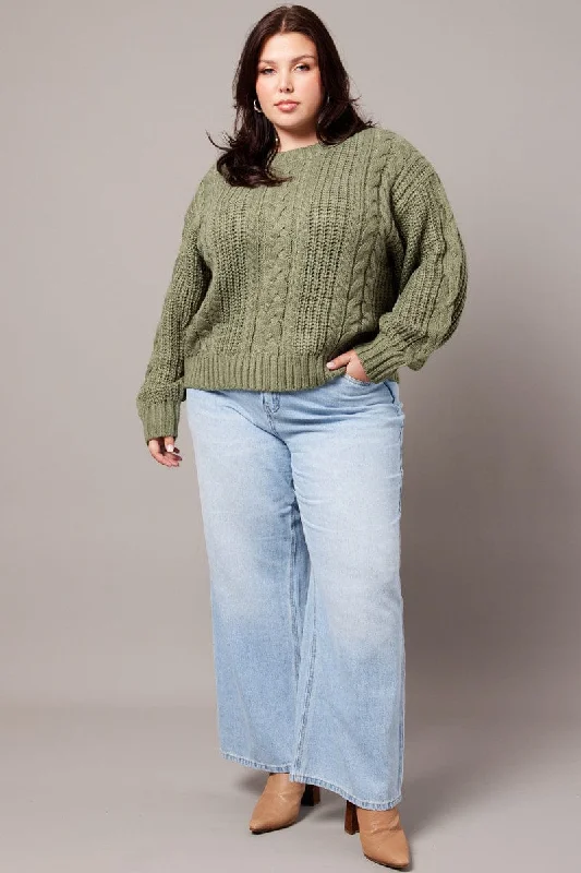 Green Cable Knit Jumper Long Sleeve Round Neck