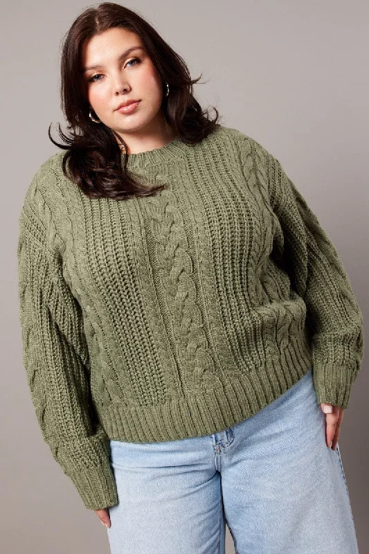 Green Cable Knit Jumper Long Sleeve Round Neck