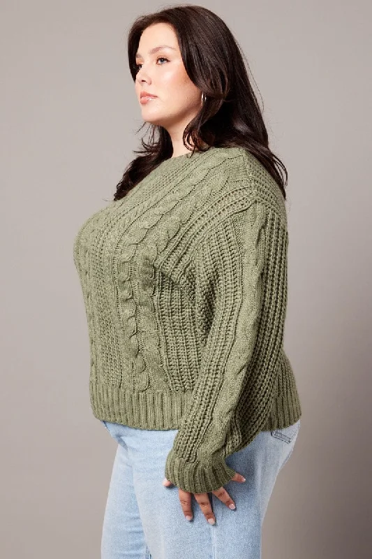 Green Cable Knit Jumper Long Sleeve Round Neck