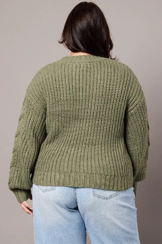 Green Cable Knit Jumper Long Sleeve Round Neck