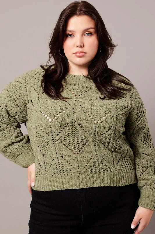 Green Knit Jumper Long Sleeve Crew Neck Chenille