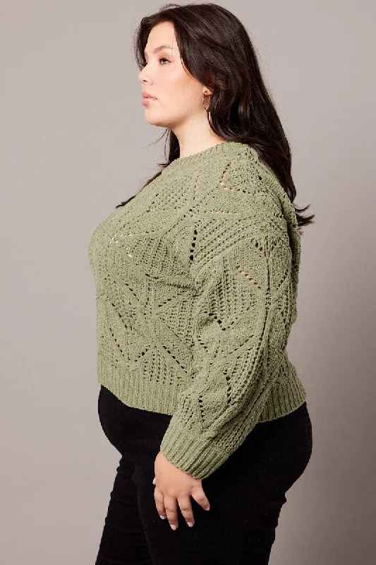 Green Knit Jumper Long Sleeve Crew Neck Chenille