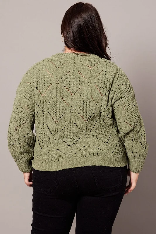 Green Knit Jumper Long Sleeve Crew Neck Chenille