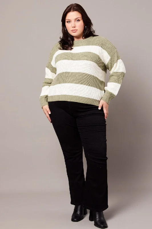 Green Stripe Knit Jumper Long Sleeve Crew Neck