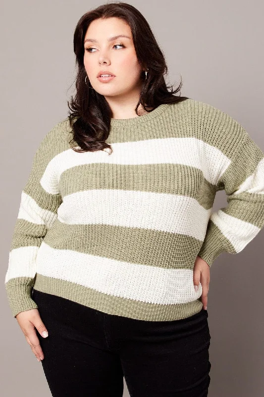 Green Stripe Knit Jumper Long Sleeve Crew Neck