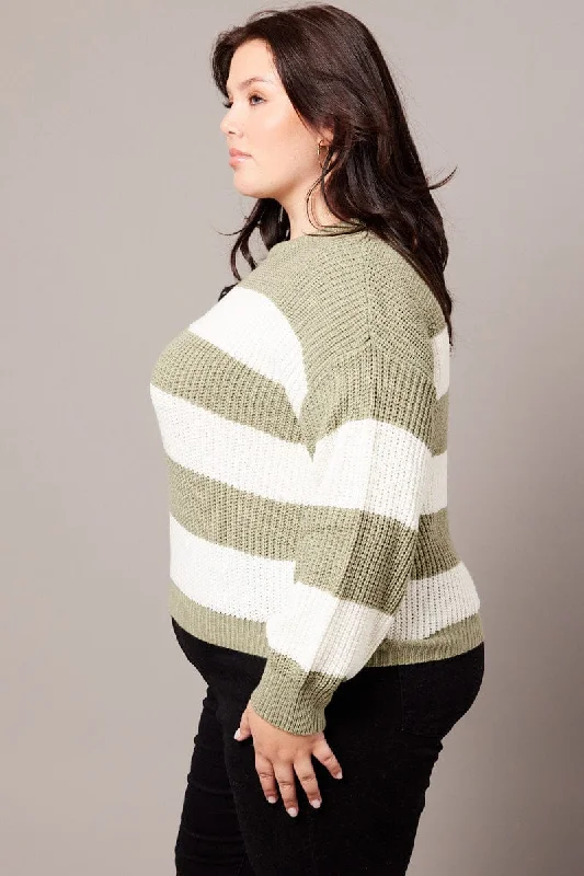 Green Stripe Knit Jumper Long Sleeve Crew Neck