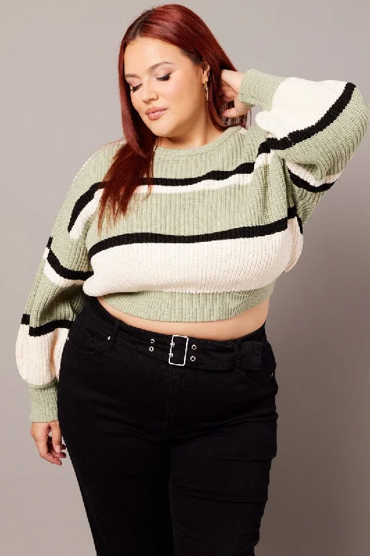 Green Stripe Knit Jumper Long Sleeve Round Neck