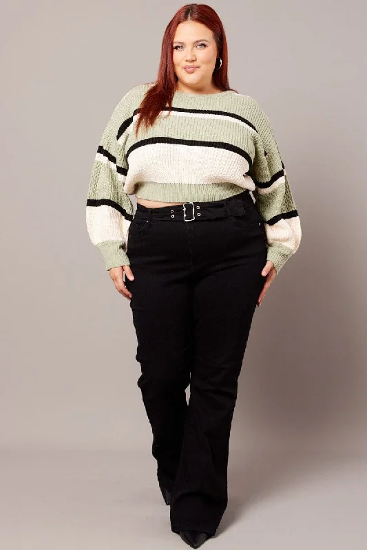 Green Stripe Knit Jumper Long Sleeve Round Neck