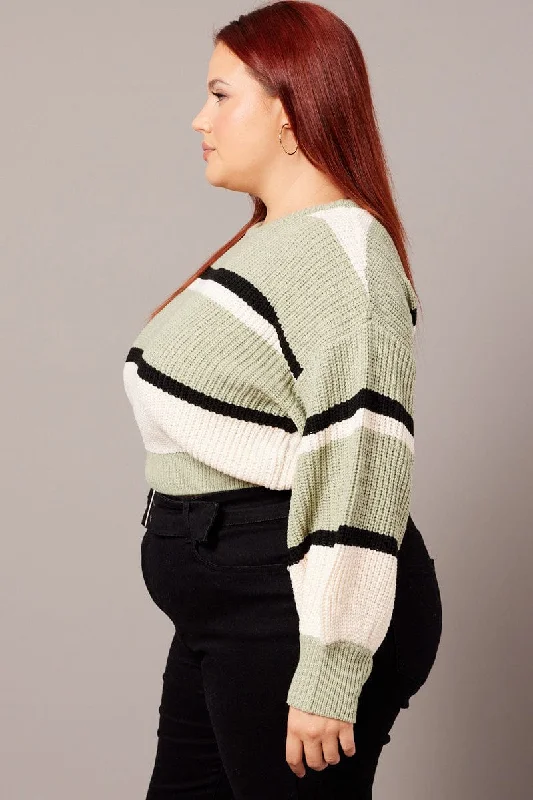 Green Stripe Knit Jumper Long Sleeve Round Neck