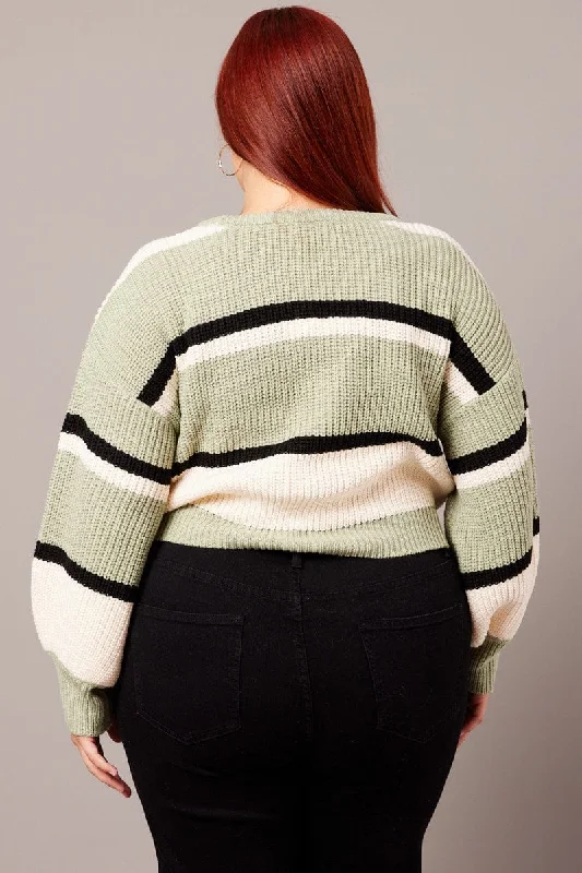 Green Stripe Knit Jumper Long Sleeve Round Neck