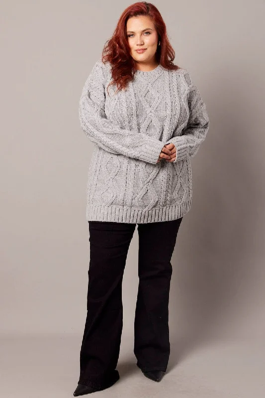 Grey Cable Knit Jumper Round Neck Long Sleeve