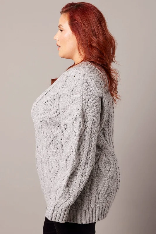 Grey Cable Knit Jumper Round Neck Long Sleeve