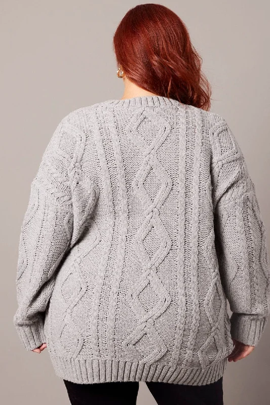 Grey Cable Knit Jumper Round Neck Long Sleeve